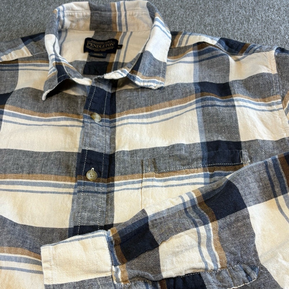 Pendleton Linen Button Up Shirt Men's Size XL Plaid Blue Gray Long Sleeve
